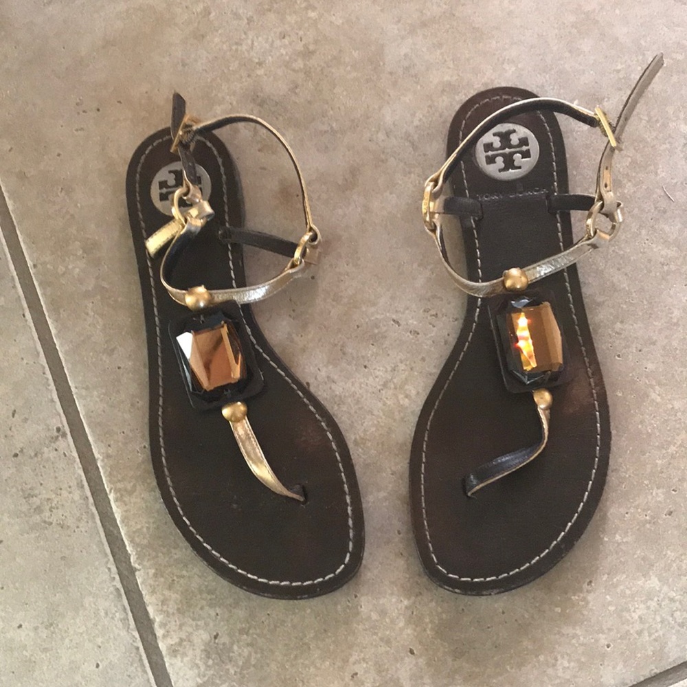 Tory Burch Women’s gold and brown jeweled sandals